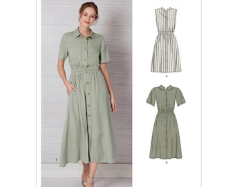 Patron de couture pour robe femme, robe chemise, robe boutonnée, robe sans manches, robe à col, New Look 6651, taille 10-22, FF non coupé