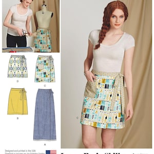 May include: Simplicity Learn to Sew pattern 8133. The image shows a woman wearing a wrap skirt with a pocket. The pattern includes instructions for a cut pattern, shaped waistband, patch pocket, and trim. The pattern is designed and printed in the USA.