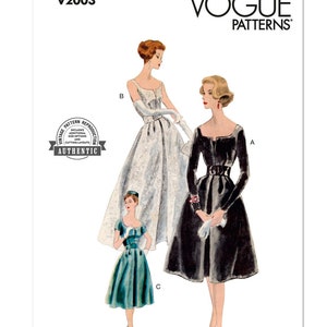 May include: Vintage Vogue sewing pattern, V2003, featuring three dresses: a white dress with a full skirt, a black dress with a full skirt and a belt, and a teal dress with a full skirt. The pattern is a reissue of a 1959 design.