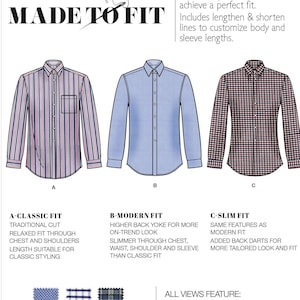 May include: Simplicity S8753 sewing pattern for three long-sleeve button-up shirts. View A is a striped shirt, View B is a solid light blue shirt, and View C is a plaid shirt. Includes text: MADE TO FIT, A-CLASSIC FIT, B-MODERN FIT, C-SLIM FIT.
