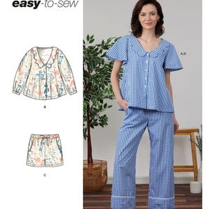 May include: Simplicity sewing pattern S3240 for an easy-to-sew pajama set. Includes illustrations of a floral long-sleeve top and shorts, and a photograph of a blue and white gingham button-down top with flutter sleeves and matching pants.