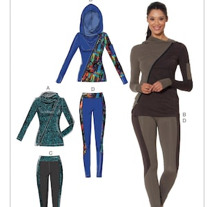 May include: McCall's M7482 sewing pattern envelope featuring illustrations of athletic tops and leggings. Designs include a hooded top with an asymmetrical zip, a cowl neck top, and leggings with side panels. The pattern displays various colour schemes.