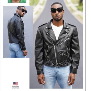 May include: A sewing pattern envelope for a black leather motorcycle jacket labeled ME2011, Know Me by Mimi G, and Norris Danta Ford. The cover features a person wearing the jacket with a white t-shirt, blue jeans, and black sunglasses.