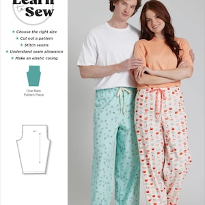 May include: Simplicity S3205 Learn to Sew pattern envelope featuring two pairs of lounge pants. One pair is light green with a small dark pattern and a drawstring, the other is white with a colorful mug print and a drawstring. Includes pattern diagrams.