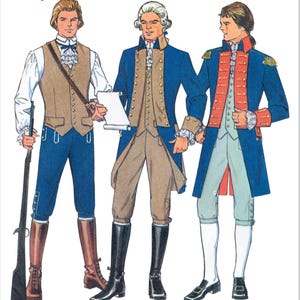 May include: Simplicity Costumes pattern featuring three historical outfits. The costumes include a brown vest, blue breeches, and a long coat. The pattern includes the text "USA 250" and "Designed and printed in USA."