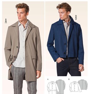 May include: A Burda Style sewing pattern for a coat and jacket. The pattern includes sizes EUR 44-60 and US 34-50. The image shows a long beige coat and a short blue jacket. The difficulty level is rated as average.