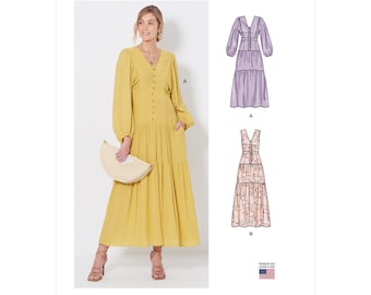 Sewing Pattern for Womens Dress, Maxi Dress, Long Sleeve Dress, Tiered Dress, Drop Waist Dress, New Look 6718, Size 8-20, Uncut FF