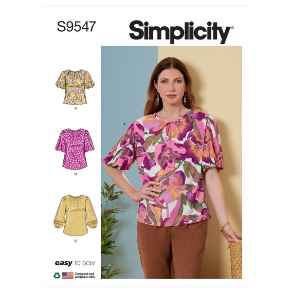 Sewing Pattern for Women's Tops, Pullover Tops, Short Sleeve Tops, Summer Tops, Puff Sleeve Tops, Simplicity 9547, Size 6-14 14-22, Uncut FF