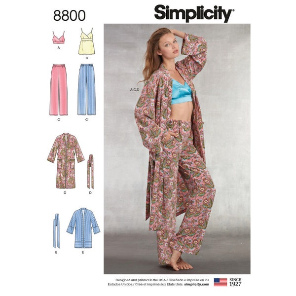 Sewing Pattern for Womens Robe, Pants, Top, and Bralette, Womens Pajamas, Camisole Tops, Simplicity 8800, Size XS-XL, Uncut FF