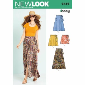 May include: A sewing pattern for a wrap skirt with four different styles. The pattern is from New Look and is labeled "easy". The pattern number is 6456.