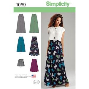 May include: A sewing pattern for a wrap skirt with a butterfly print, wide-leg pants, and palazzo pants. The pattern is Simplicity 1069.