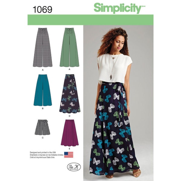 Sewing Pattern for Womens Pants, Shorts, and Skirts, Maxi Skirt, Wide Leg Pants, Simplicity 1069, Size 12-20, Uncut FF