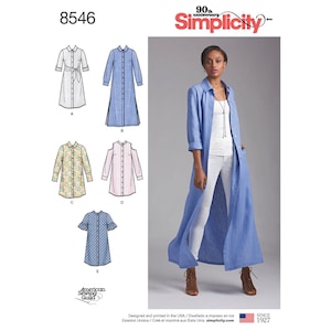 May include: A sewing pattern for a long shirt dress with different sleeve and collar options. The pattern is Simplicity 8546 and includes five different styles. The model is wearing a blue shirt dress with long sleeves and a collar.
