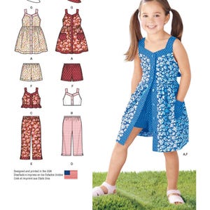 May include: Simplicity easy-to-sew pattern 1453. The image shows a young girl wearing a blue floral dress. The pattern includes options for dresses, shorts, tops, pants, and hats. The text "easy-to-sew" is visible.