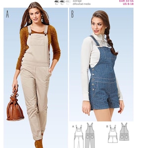 May include: Two women modeling overalls. One wears tan overalls with a brown top and boots, the other wears blue denim shorts overalls with a white top. The image includes diagrams of the overalls and sizing information.