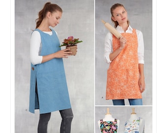 Patrón de costura para delantales de mujer, delantal tipo jersey, delantal de jardinería, vestido delantal, Simplicity 9409, tallas XS-XL, sin cortar y listo para usar.