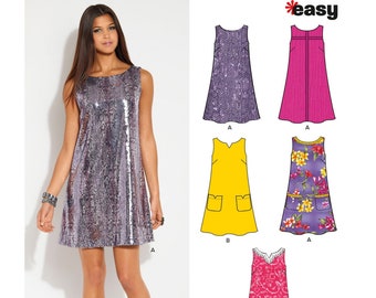 May include: A sewing pattern for a sleeveless dress with a variety of styles. The pattern includes a sequined dress, a yellow dress with pockets, a floral print dress, and a pink dress with lace trim. The pattern is labelled "New Look 6125 easy".