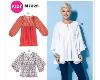 Easy Sewing Pattern for Women's Tops, Boho Tops, Pullover Tops, Kimono Sleeve Tops, McCall's 7325 MP205, Size XS-M and L-XXL, Uncut FF