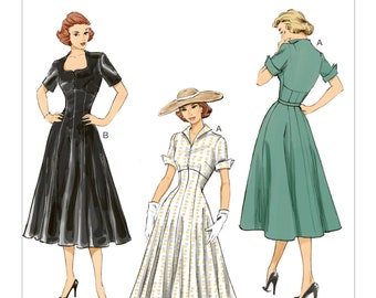 Patrón de costura para vestido de mujer, reproducción vintage de vestido de los años 50, vestido entallado y con vuelo, tallas 6-14 y 14-22, Butterick 6018, sin cortes.