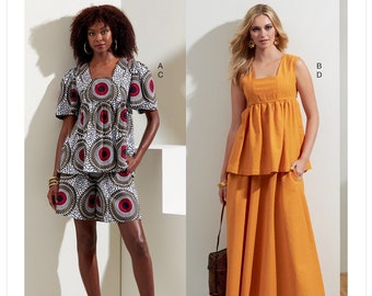 ヴォーグ社製レディーストップス、ショートパンツ、スカートの裁縫パターン、ペプラムトップス、マキシスカート、ハイウエストショートパンツ、ヴォーグ1871、サイズ6～14、16～24、未裁断