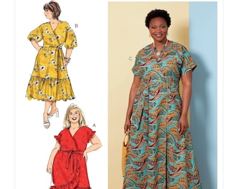 Easy Sewing Pattern for Womens Dress, Wrap Dress, Maxi Dress, Puff Sleeve Dress, Plus Size 18W-24W 26W-32W, Butterick 6873, Uncut FF