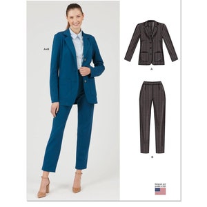 May include: A woman wearing a teal blazer and matching pants, paired with a light blue button-down shirt. The image also shows a pattern for a blazer and pants in a brown and black checkered pattern. The text "Designed and printed in USA" is visible.