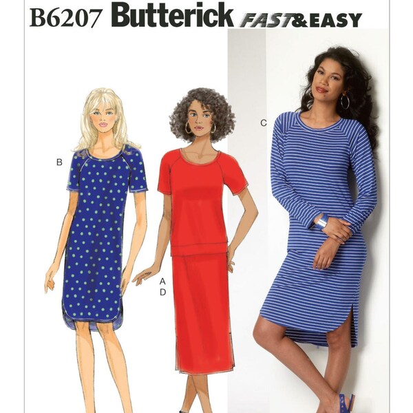 Easy Sewing Pattern for Women's Knit Top, Dress, and Skirt, Knit Dress, Pullover Tops, Long Sleeve Dress, Butterick 6207, Size XS-M L-XXL