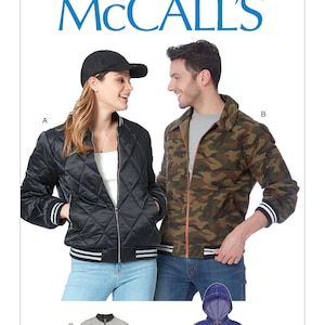 May include: McCall's pattern M7637 featuring jacket designs. Includes a black quilted bomber jacket, a camouflage jacket, a gray and black jacket, and a blue hooded jacket. The jackets have various details like striped cuffs and a zipper closure.