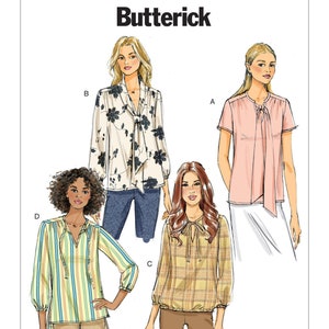 May include: A sewing pattern for four different blouses with a tie neck detail. The pattern is called Butterick B6378.