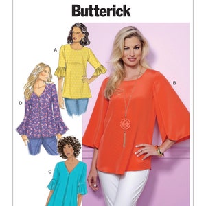 May include: Butterick sewing pattern B6456 featuring illustrations of women's tops. The tops include a yellow top with ruffled sleeves, an orange top with wide sleeves, a blue floral top, and a turquoise top with a V-neck.