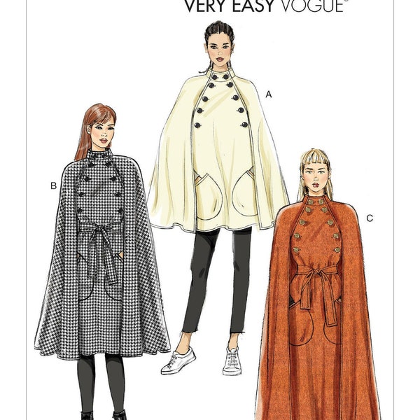 Easy Vogue Sewing Pattern for Womens Cape Jacket, Long Cape Pattern, Winter Coat Pattern, Vogue 9288, Size XS-M and L-XXL, Uncut FF