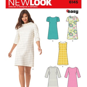 May include: Sewing pattern for five different dresses. The pattern includes a white dress with black squares, a turquoise dress, a yellow dress with a geometric pattern, a pink dress, and a black and white checkered dress. The pattern is labeled "New Look 6145 easy".