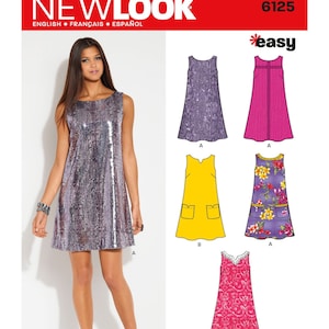 May include: A sewing pattern for a sleeveless dress with a variety of styles. The pattern includes a sequined dress, a yellow dress with pockets, a floral print dress, and a pink dress with lace trim. The pattern is labeled "New Look 6125 easy".