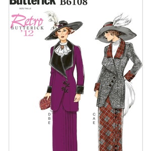 May include: Butterick B6108 sewing pattern illustration featuring two outfits. One is a purple jacket with black lapels and a matching skirt. The other is a gray tweed jacket with a red plaid collar and cuffs paired with a matching red plaid skirt.
