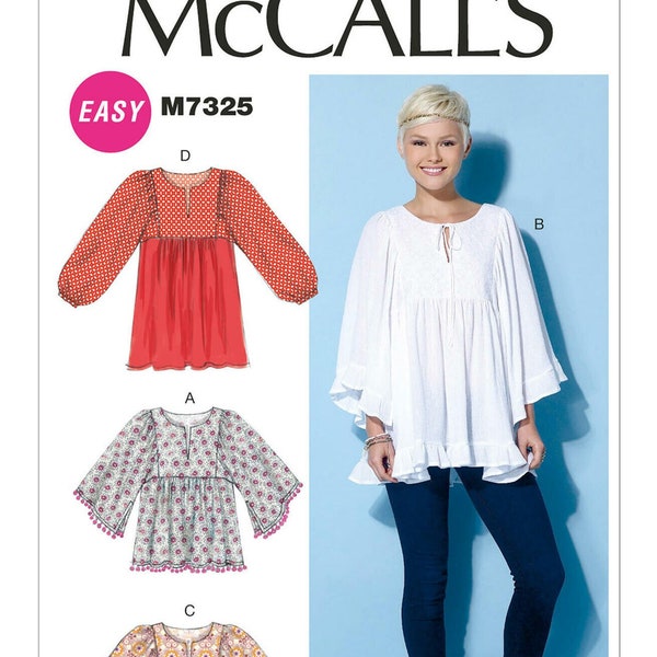 Easy Sewing Pattern for Women's Tops, Boho Tops, Pullover Tops, Kimono Sleeve Tops, McCall's 7325 MP205, Size XS-M and L-XXL, Uncut FF