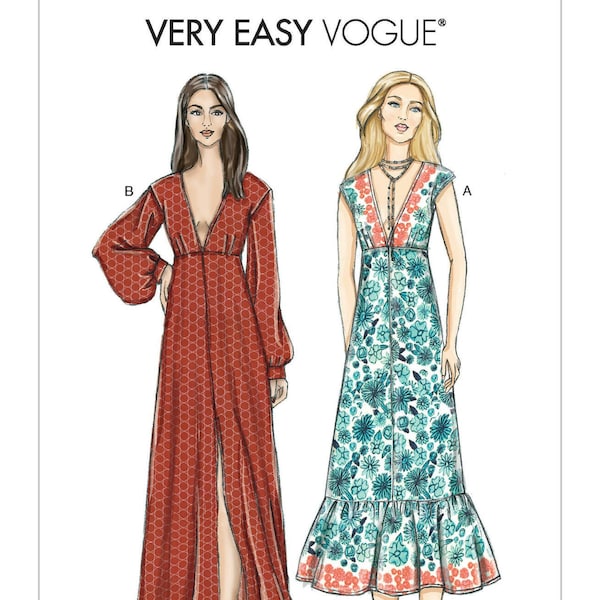 Easy Vogue Sewing Pattern for Women's Dress, Maxi Dress Pattern, Deep V Neckline Dress, Vogue 9311, One Size 6-22, Uncut and FF