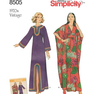 May include: Vintage Simplicity sewing pattern number 8505 for two long dresses. The dress on the left is purple with gold trim and a front slit. The dress on the right is red with a floral print. The pattern is from the 1970s.
