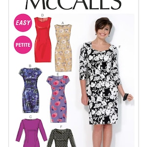 May include: A sewing pattern for a dress with six different style variations. The pattern includes a red dress, a floral print dress, a blue and white patterned dress, a purple dress, a floral print dress, and a black and white polka dot dress. The pattern is labeled "Easy" and "Petite".