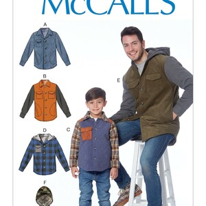 May include: McCALL'S M7638 sewing pattern featuring illustrations of various shirt and jacket designs labeled A, B, C, D, E, and F. The designs include button-front shirts, hooded jackets, and long-sleeve tops with pockets, displayed alongside a finished garment.