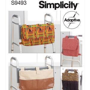 May include: A Simplicity S9493 sewing pattern envelope for adaptive walker bags. The cover displays four bag designs: one with a colorful geometric Kente print, a solid red textured bag, a beige and brown bag, and a leopard print with black bag.