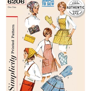 May include: Vintage Simplicity printed sewing pattern 6206, featuring aprons, oven mitts, and a skirt. The image includes illustrations of the finished garments, a handbag, and headscarves. The pattern is marked as "One Size" and "Authentic 1960s".