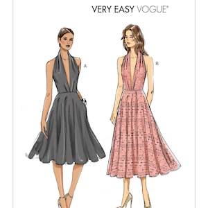 Easy Vogue Sewing Pattern for Womens Dress, Halter Neck Dress, Deep V Neck Dress, Summer Dress, Vogue 9343, Size 6-14 14-22, Uncut FF