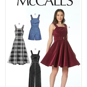 May include: McCall's sewing pattern M7626 featuring four different garment designs: a velvet dress, a plaid dress, denim shorts, and a striped jumpsuit. The dress has a square neckline and a belt. The pattern includes the McCall's logo.