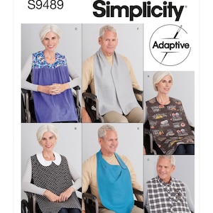 May include: A sewing pattern for adaptive clothing, featuring six different styles of bibs and aprons. The pattern is called "Simplicity Adaptive" and has the number S9489.