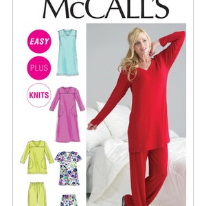 May include: McCall's sewing pattern for a knit sleepwear set. The pattern includes a long-sleeved top and pants with a V-neck. The model is wearing a red set. The pattern also includes a short-sleeved top and pants in a floral print, a long-sleeved top and pants in a solid green, and two dresses in solid colors.