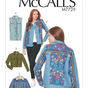 Peut inclure: Un patron de couture pour une veste en jean avec différentes variations. Le patron comprend une veste en jean classique, un gilet en jean et une veste en jean avec des détails brodés. Le numéro du patron est M7729.