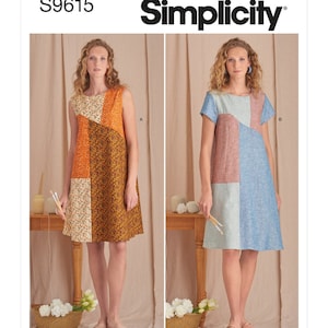 May include: Simplicity sewing pattern S9615 featuring two patchwork dresses. One dress is sleeveless with orange, brown, and floral panels. The other dress has short sleeves and panels of blue, pink, and green. The text "easy-to-sew" is visible.