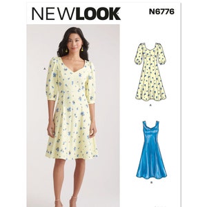 Puede incluir: Un patrón de costura para un vestido con dos estilos diferentes. El primer estilo es un vestido amarillo con estampado floral y mangas abullonadas. El segundo estilo es un vestido azul sin mangas. El patrón es de Newlook y el número de patrón es N6776.