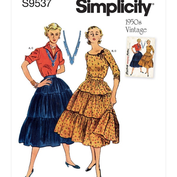 Sewing Pattern for Womens Skirts and Tops, Collared Shirt, High Waisted Skirt, Tiered Skirt, 50s Skirt, Simplicity 9537, Size 6-14 14-22