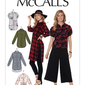 May include: McCall's sewing pattern M7472 for a shirt with five different variations. The pattern includes a long-sleeved shirt with a side slit, a short-sleeved shirt, and a shirt with a tie belt. The pattern also includes a pair of wide-leg trousers.